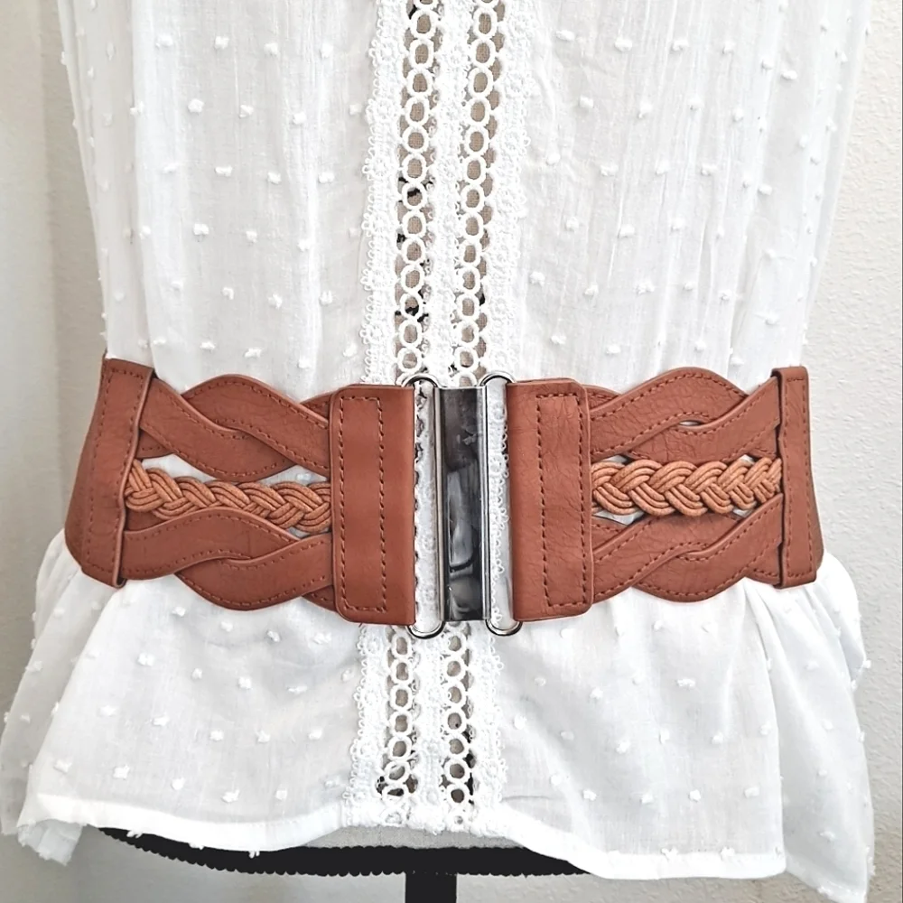 Brown Faux Leather Elastic Braided Wide Waist Belt Boho Cottagecore statement